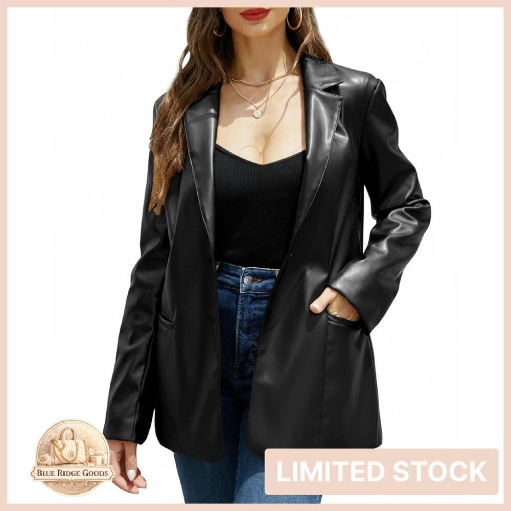 Faux Leather Blazer Jacket Vegan Pleather Chic Classic Button Down Coat